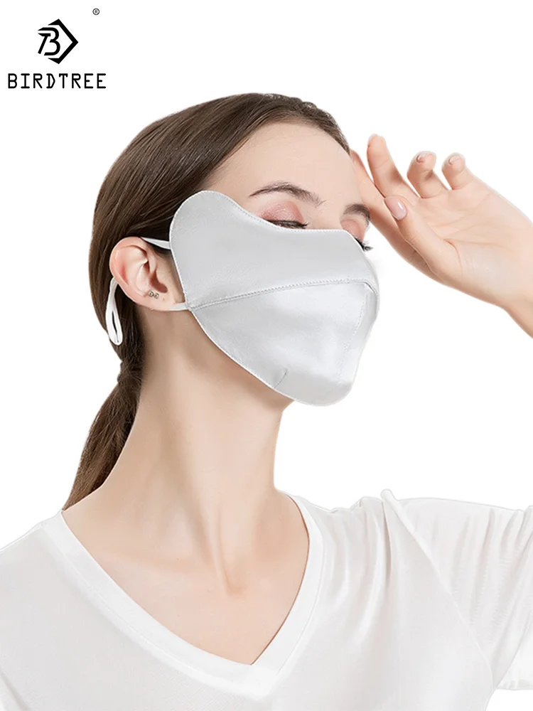 Birdtree 100% Echte Zijden Gezichtsbedekking, Vrouwen Zonnebrandcrème Groot Masker Met Verstelbare Oor Opknoping, Ademend Masker Voor Vrouwen A43856qm