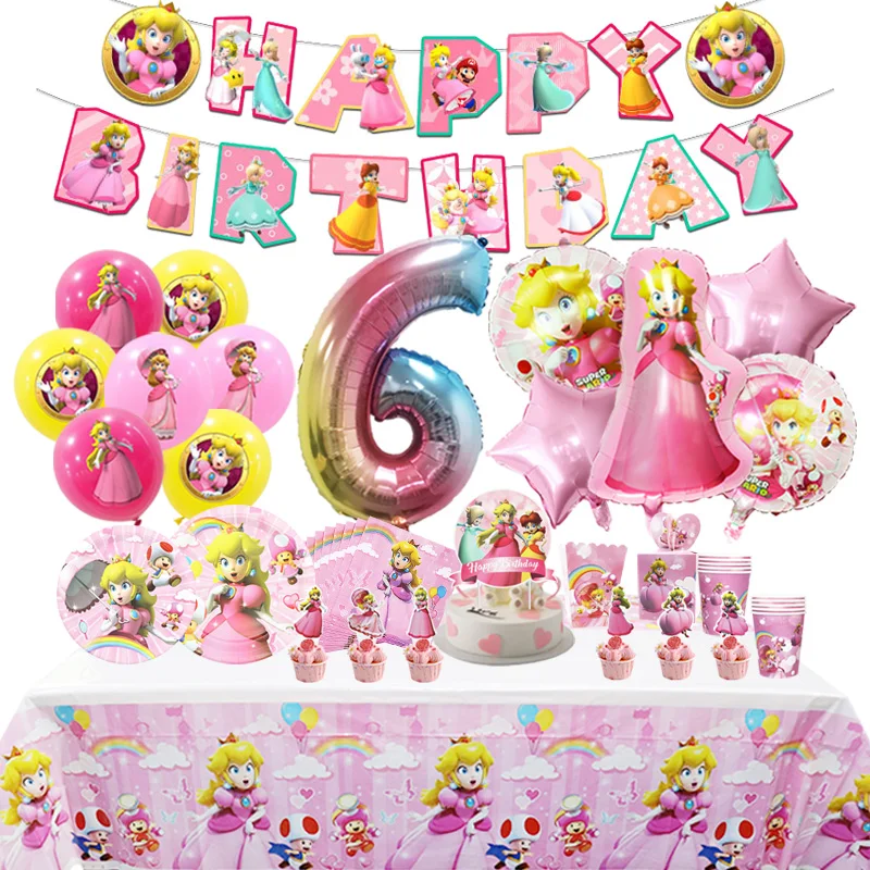 Super Princess Peach Birthday Party Decoration Aluminum Foil Balloon For Kid Event Supplies Disposable Tableware Banner Backdrop