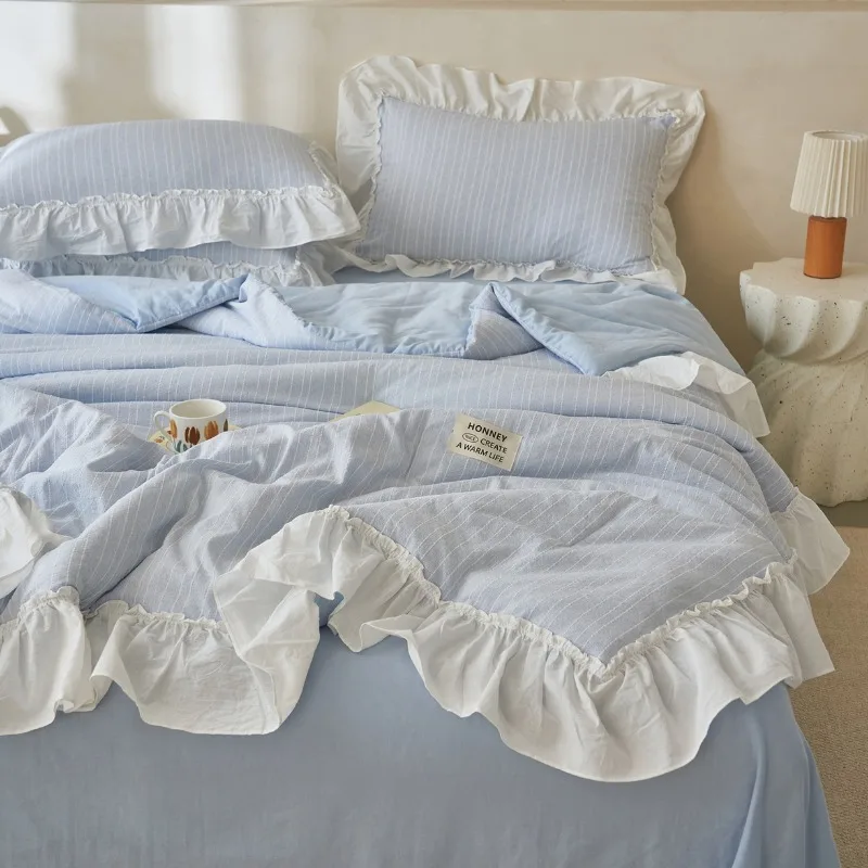 Cream style solid color seersucker lace summer cool quilt machine washable summer thin quilt, without pillowcase or bed sheet