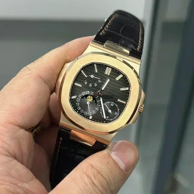 ساعة رجالية ذات علامة تجارية فاخرة أوتوماتيكية ميكانيكية متعددة الوظائف ساعات من الفولاذ المقاوم للصدأ والياقوت والجلود للرجال