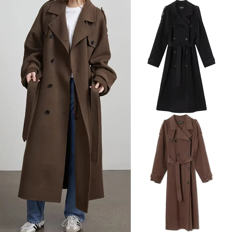 

Women Double Breasted Coat Long Sleeve Lapel Blends Jacket 2025 Fashion Autumn Winter High Street Outerwear Women's Coat