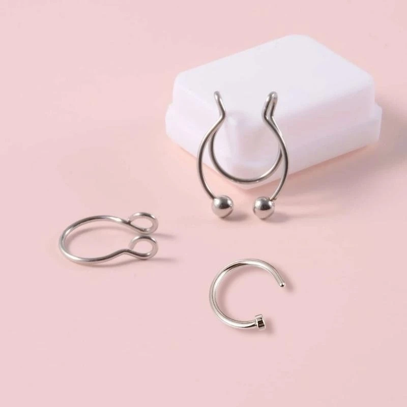 91ac 3pcs أنف أنف ترصيع من الفولاذ المقاوم للصدأ فو ، حلقة الحاجز خاتم غير مثقوب على حلقات أنف طوق جسم مثقوب المجوهرات