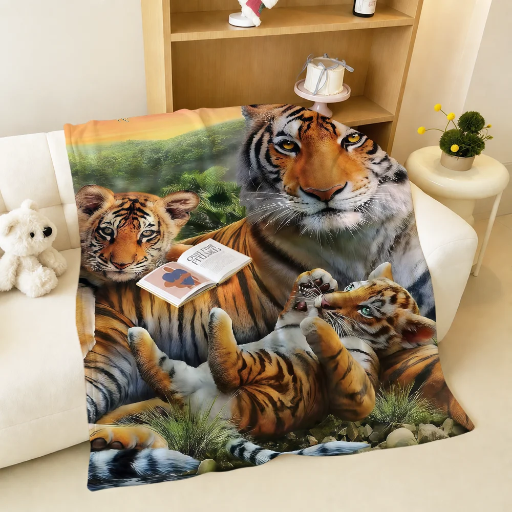 Tiger Family Sunset Jungle Blanket Warm Soft Plush Blanket For Sofa Living Room Nap Home Bedroom Travel Gift Flannel Pet Hogar