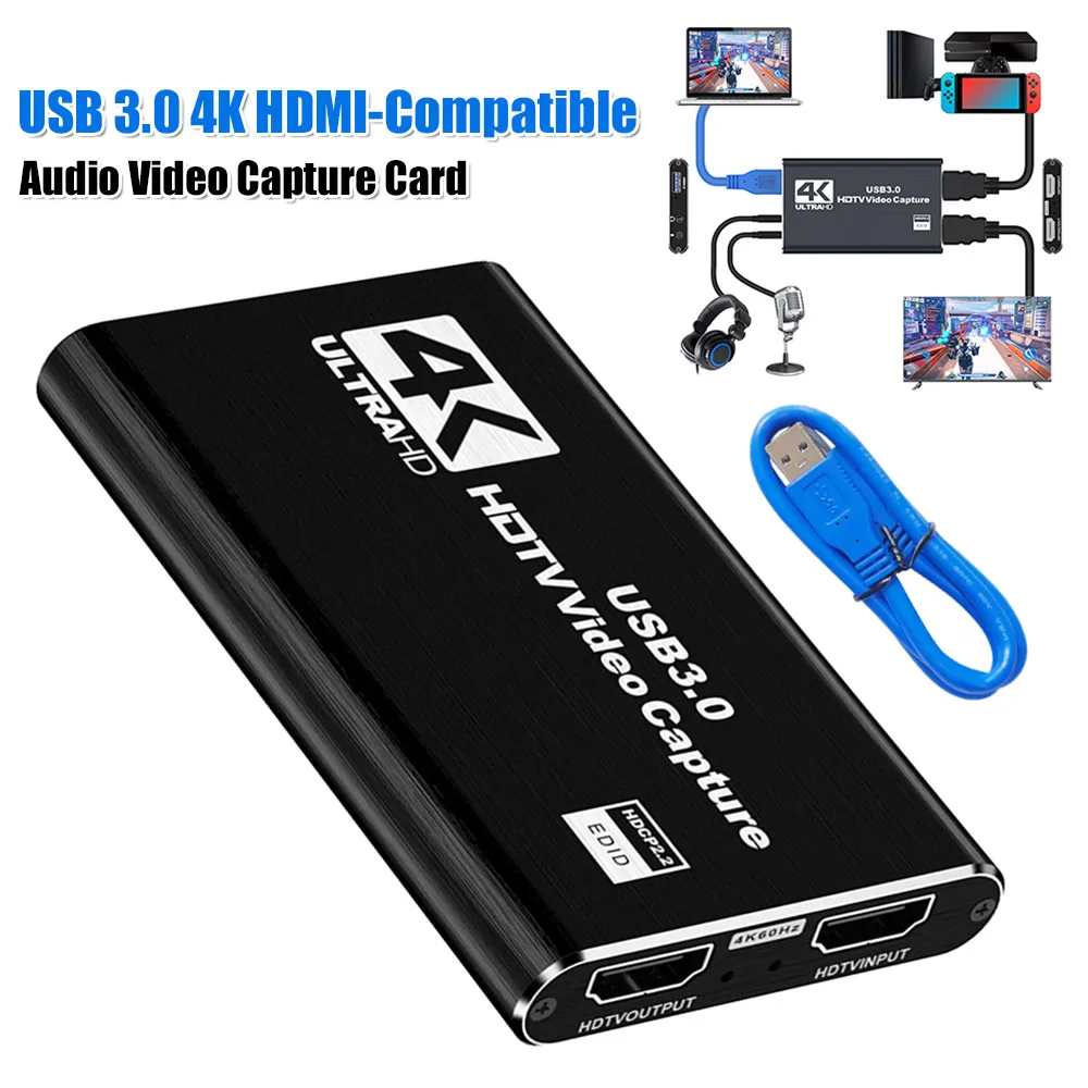 

Карта захвата видео USB 3.0 4K HDMI-совместимая, 1080P 60FPS для стриминга, работает с PS4/камерой/ПК