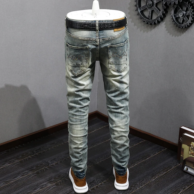 Italian Style Fashion Men Jeans High Quality Retro Washed Blue Stretch Slim Fit Ripped Jeans Men Vintage Designer Denim Pants