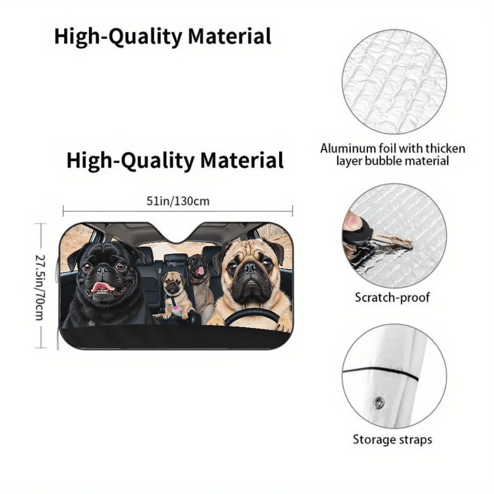 Group Of Pugs In Car | Auto Sunshades, Front Window Sun Cover, Durable Polyamide Visor For Car Decor, Universally Applicable Car