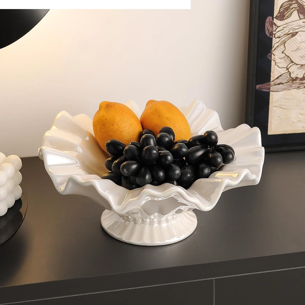 Fruit Platter Ceramic Tray Wave Edge High-legged Tray Desktop Storage Container Snack Plate Home Decoration Accessories