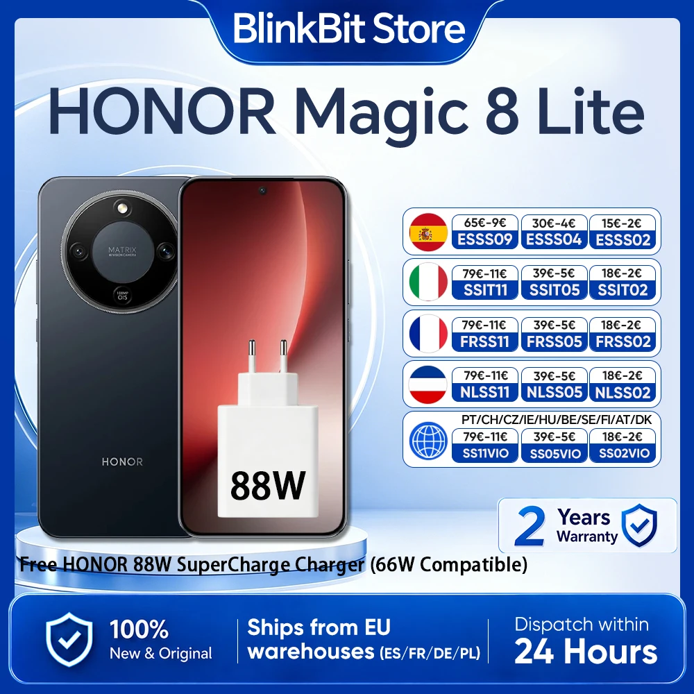 Smartphone HONOR Magic 8 Lite version europ�enne 5G, Snapdragon 6 Gen4, r�sistant aux chutes de 2,5 m, IP69K, r�sistant � la poussi�re, 7500 mAh, 108 MP OIS AI, eSIM
