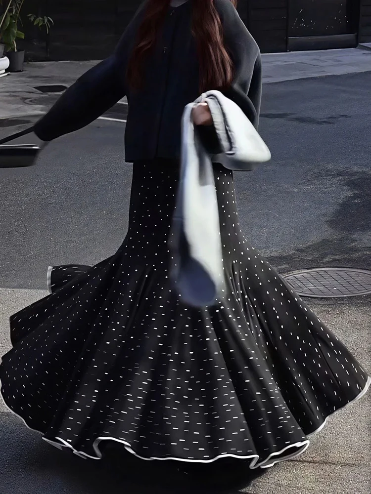 French Polka Dots Long Skirt Women Elegant Office Lady High Waist Vintage Skirts Black A Line Sweet Female Harajuku Retro Skirt
