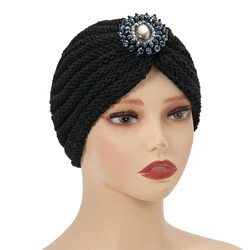 Women Knitted Turban Hat Diamonds Bohemia Muslim Hijab scarf India Hat Wool Bonnet Turbante Cap Turbante Mujer Solid Winter Cap