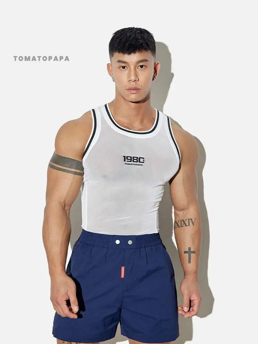 

Summer mesh see through men sports fitness tank Top Sexy plus size sleeveless knitted t shirt streetwear