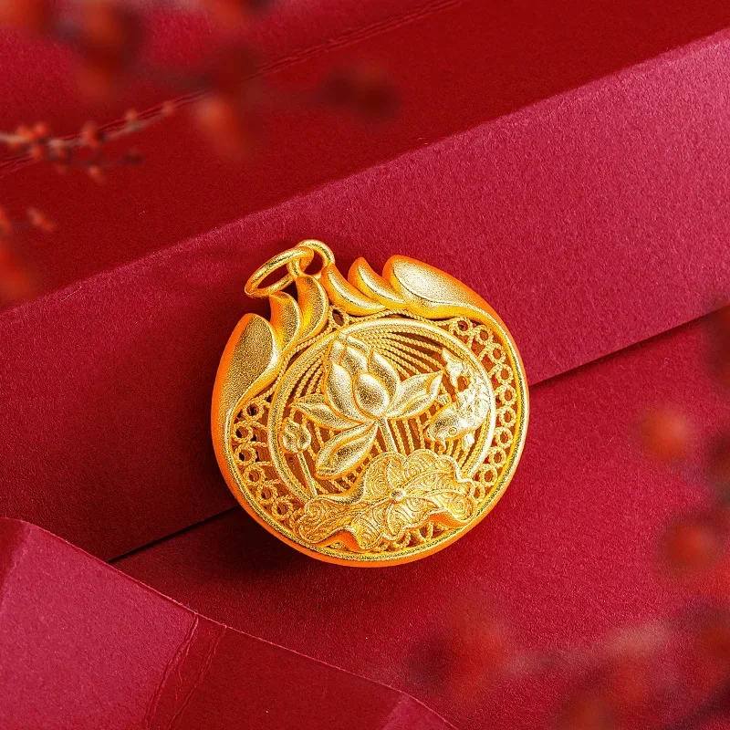 

9999 Real Gold 24K Premium Silk Hollow Fu Character Lotus Pendant Ancient Golden Lotus Fish Necklace Pendant