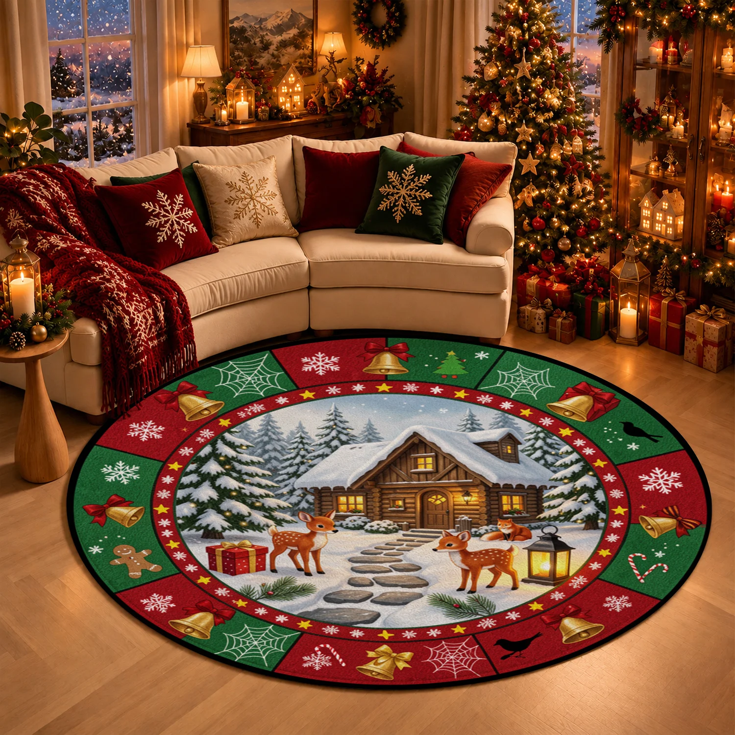 Winter Christmas Cabin Deer Pattern Round Velvet Mat Machine Washable for Living Room Bedroom Entryway Holiday Decor Suitable for Halloween Thanksgiving Black Friday Cyber Monday Christmas New Year