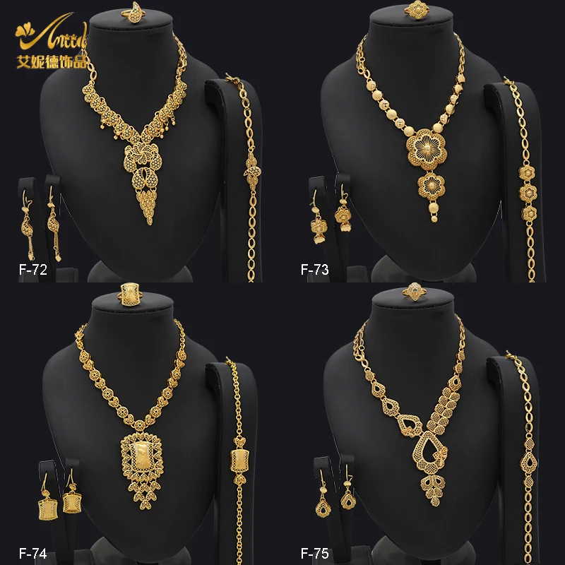 

ANIID Dubai Designed Gold Plated Jewelry Sets For Women Fashion Indian Bridal Necklace And Earring 4Pcs Set Ethiopian Party Gift