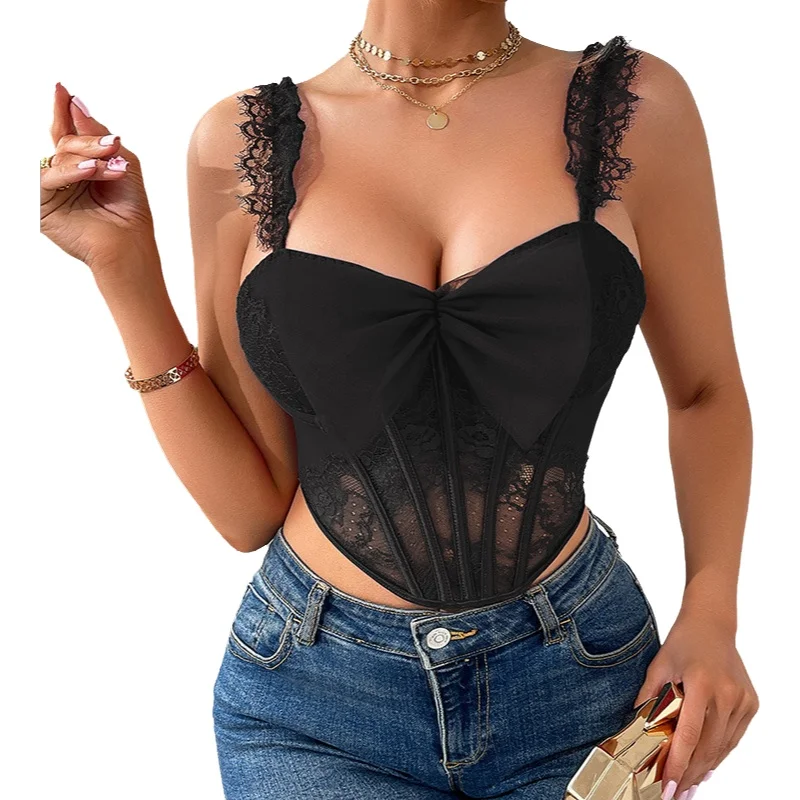 Mesh Top Layering - Seksowna koszulka na ramiączkach z kokardą,