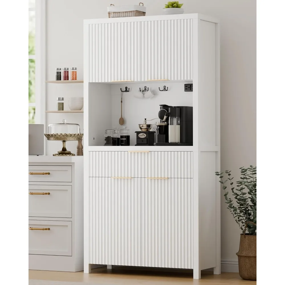 

"White 71-Inch Fluted Kitchen Pantry Cabinet with Charging Station and Ample Food Storage"