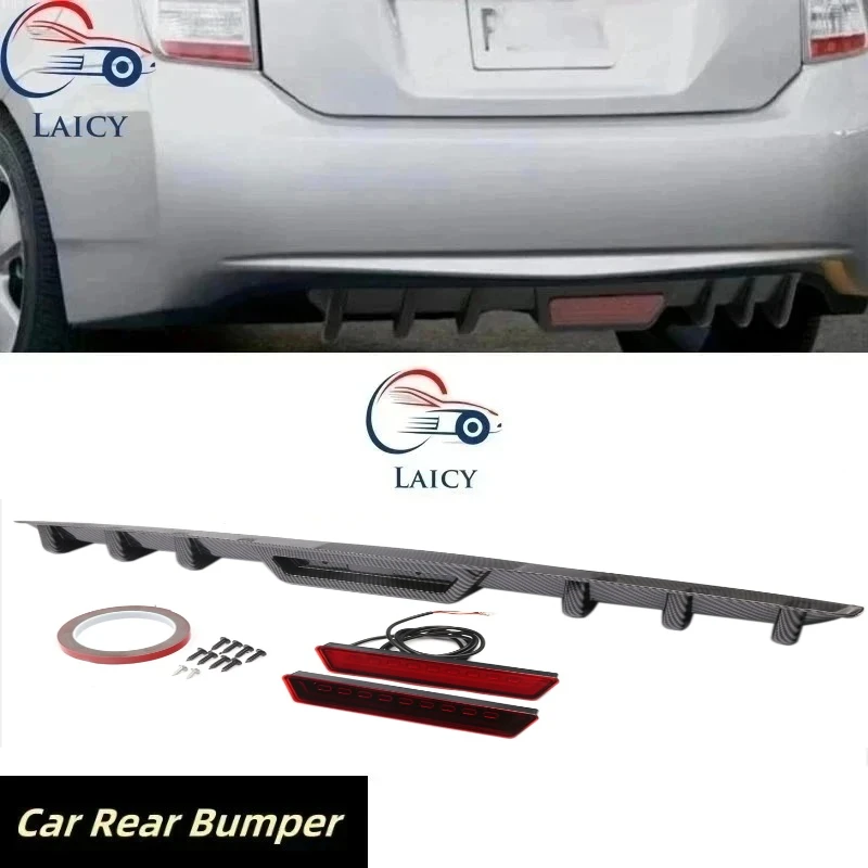 LAICY For T0yota Prius Car Rear Bumper Diffuser Lip w/ Tail Brake Stop Light Splitter Spoiler Shark Fin Lip Kit Black
