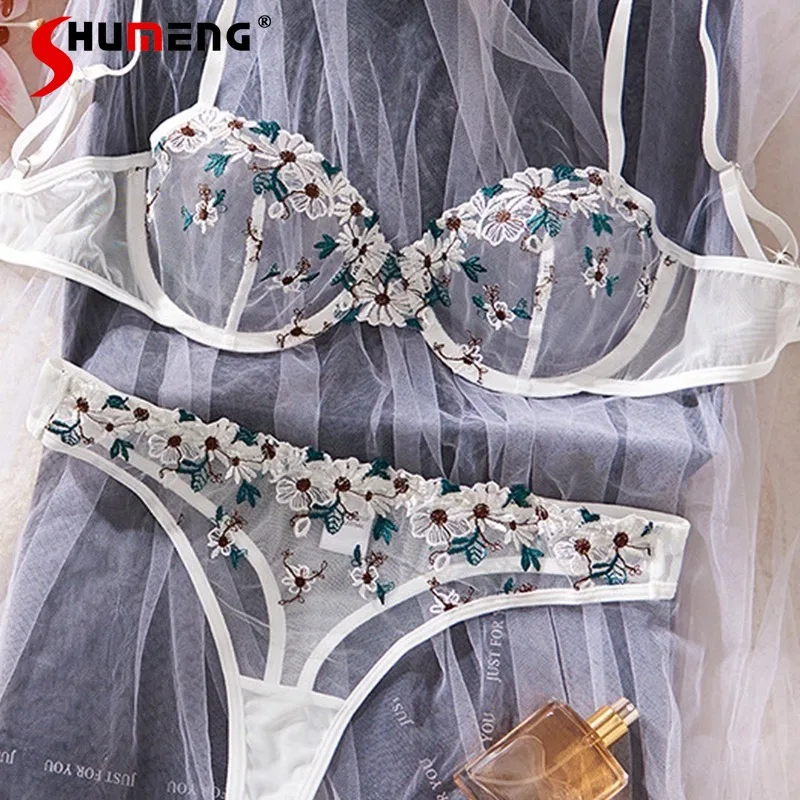 Sheer Embroidery Sexy Lingerie for Women Ultra Thin Cup Bra Set with Underwire Female Large Bust Underwear Brief Suits