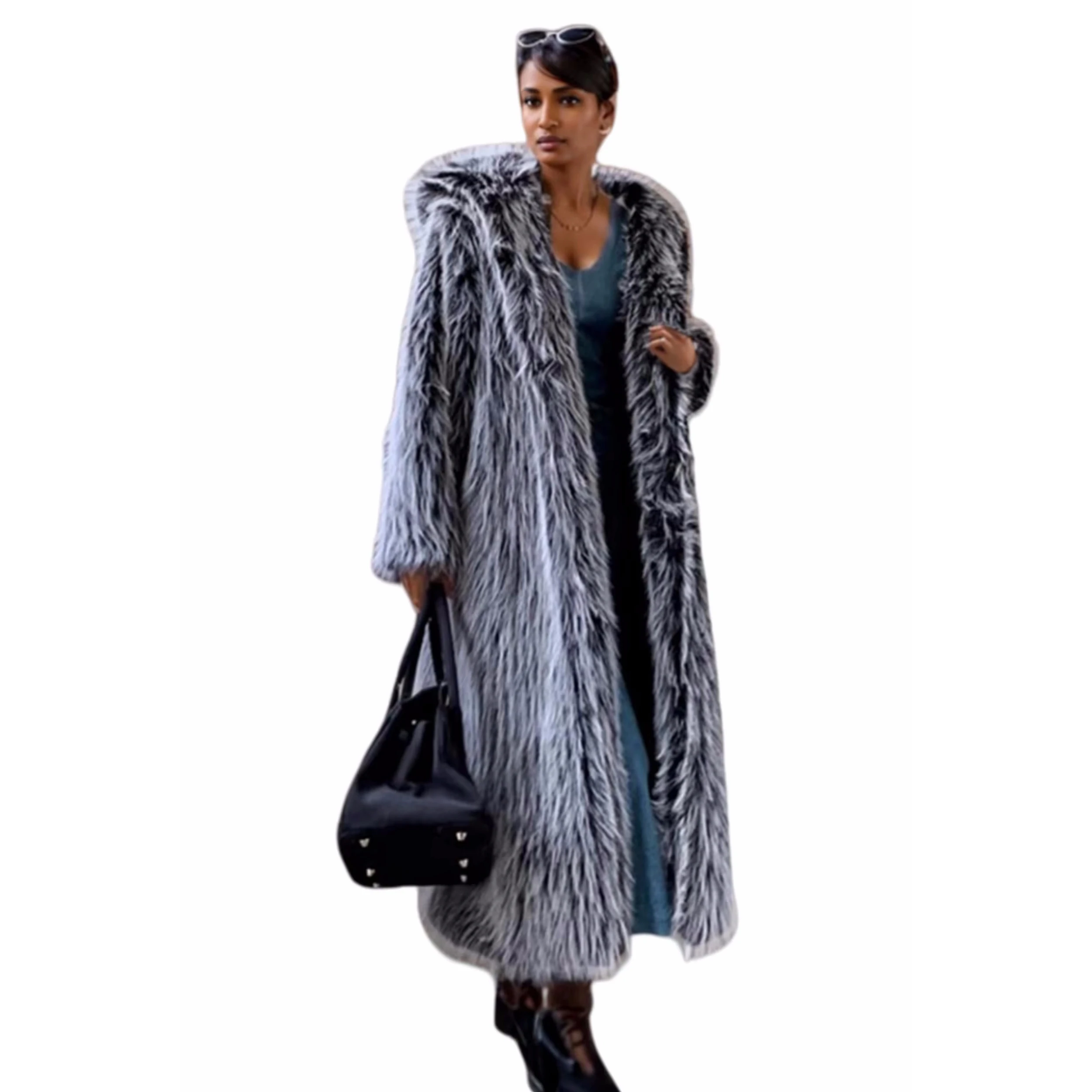 

Women's Long Ankle Length Faux Fur Coat Winter Soft Fur Overcoat Jacket Outwear Sweater With Hat