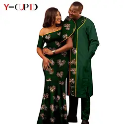 Vestidos largos de seda brillante con estampado africano para mujer, ropa de pareja a juego, trajes Dashiki para hombres, conjuntos de Top y pantalón largos Bazin 24C068