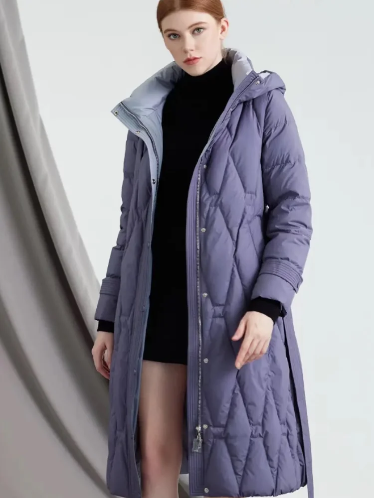 Long Puffer Coats for Women, Thick Hooded Jacket, Windproof Parka, Simple, Elegant, Slim Belts, Winter, New, 2024