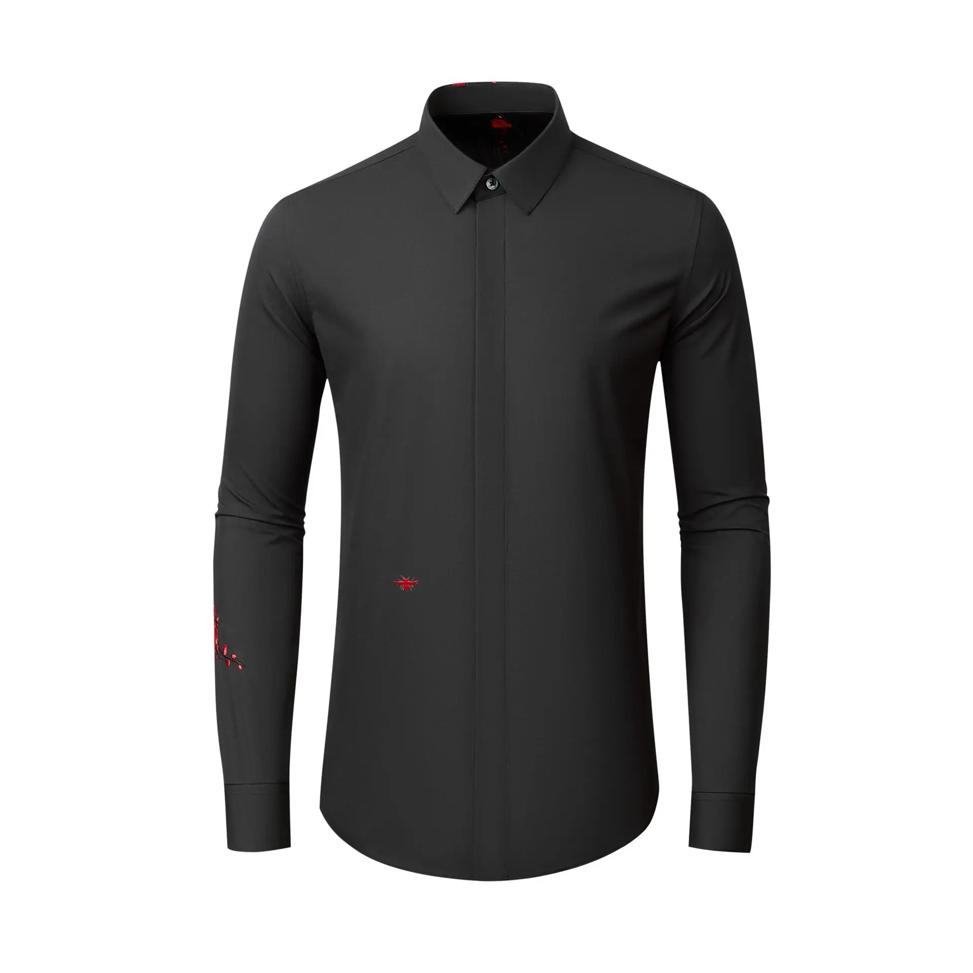 Brand Bee Flower Embroidered Shirt for Men Cotton Long Sleeve Casual Shirts Fashion Slim Fit Banquet Party Shirts Men Clothing