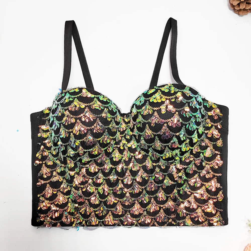 

European And American Heavy Industry Beaded Sequin Strapless Women's Fishbone Beaded Straps Sexy Gathered Bra Women's