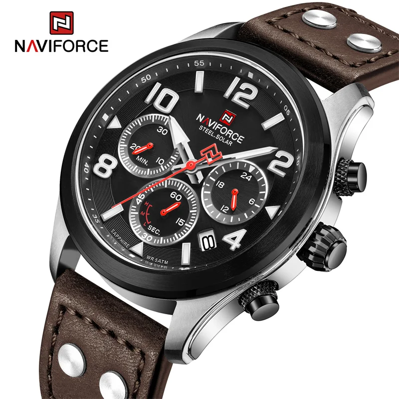 NAVIFORCE Men's Multi-function Wristwatches Sports Fashion Waterproof Genuine Leather Strap Eco-Drive Watches Relogio Masculino