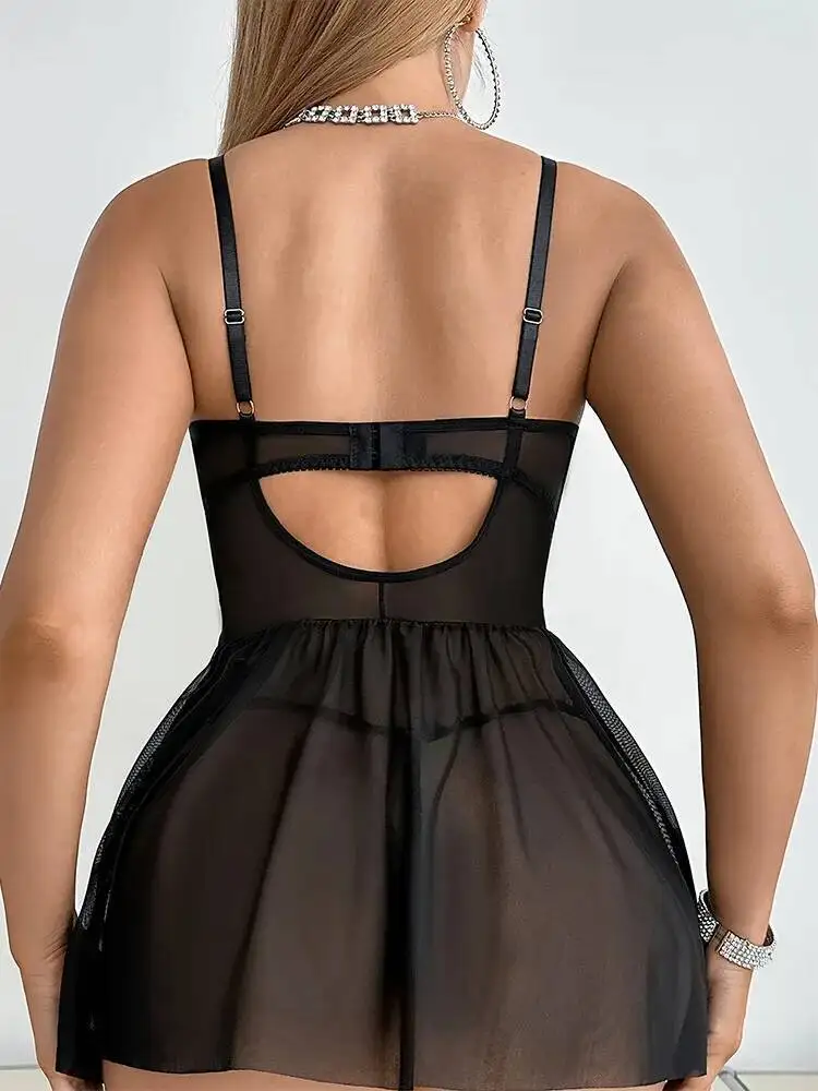 Sexy dentelle pure Casaul robe chemise de nuit string deux pièces ensemble pour les femmes maille transparente dos nu profond V manches robe mince IJZO