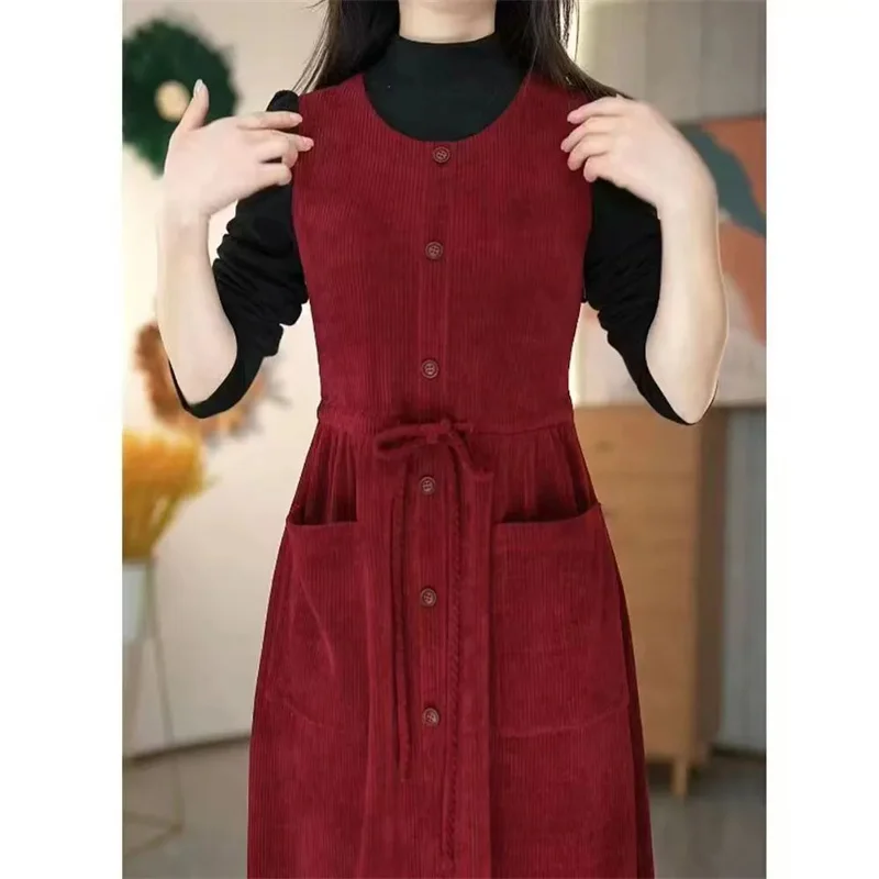 2024 Winter Fake Two piece Corduroy Dress Stylish Women\'s Dress Draw pleats Slim Waist Dress Women\'s Retro Knee Over Middle Long