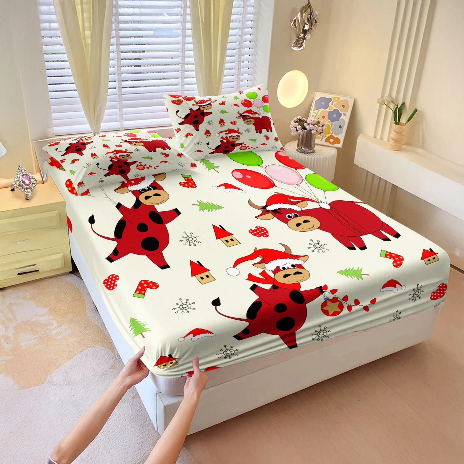 3Pcs Festive Cartoon Cow & Balloon Fitted Sheet Set, Cream w/ Snowflakes, Cute Holiday Bedding