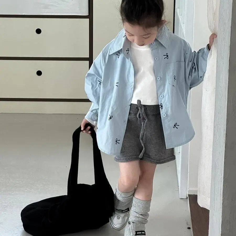 

2026 New Girls' Long Sleeve Blue Shirt Korean Style Stylish Children's Blouse Coat for Spring Autumn