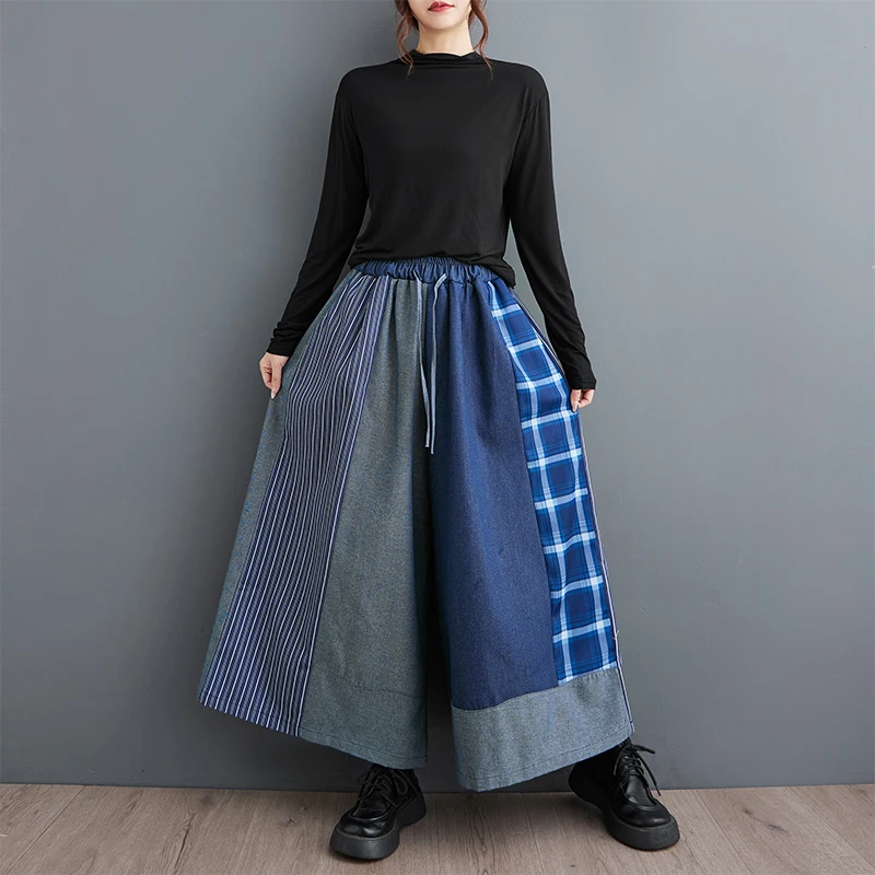 レトロ和風カジュアルパンツハイウエストワイドレッグジーンズ女性の弾性ウエスト巾着ルーズフィットズボン