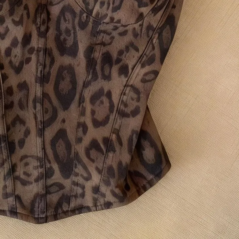 Retro Leopard Print Waist Cinched Chest Cushion Camisole Vest Sexy and Beautiful Back Simple Top High-end Temperament