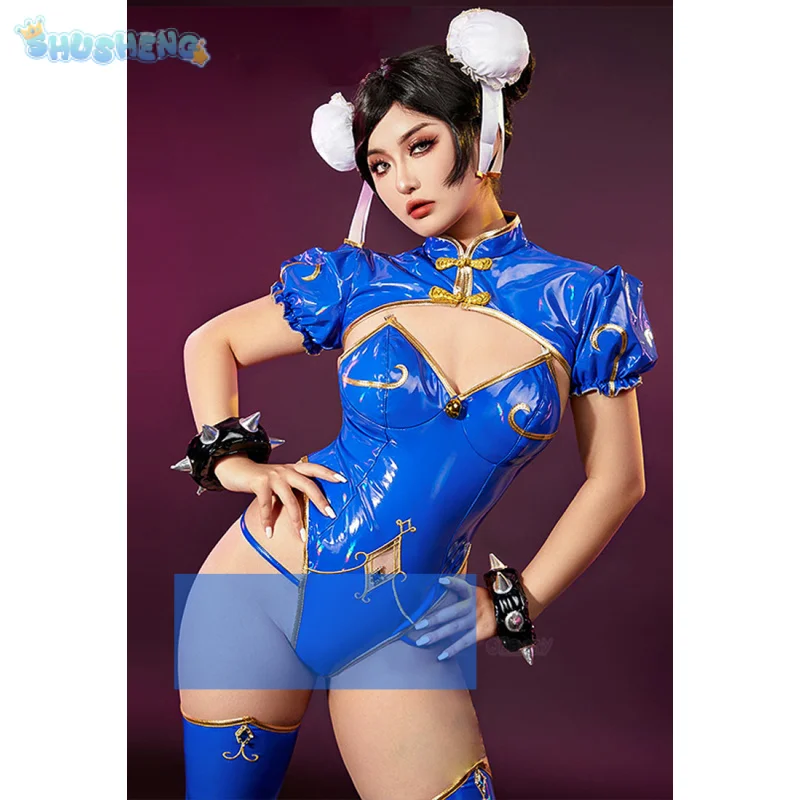 Blue leather jumpsuit cheongsam socks headwear jewelry Halloween women sexy set Chun-Li Cosplay Game Street Fighter SF Costume