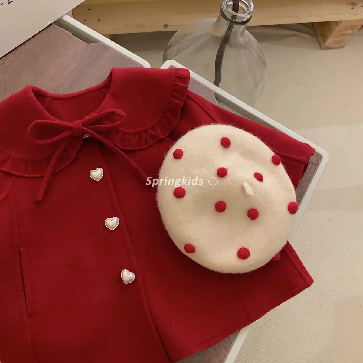 Girls\' Red Woolen Jacket for Autumn 2023 Children\'s Clothing, Fashionable and Versatile on Doll Necked Fabrics