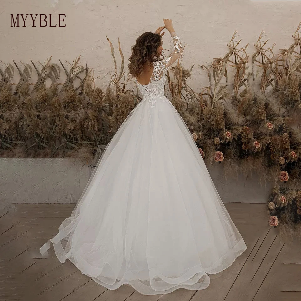 Mode ElfenbeinCustomized Brautkleid Langarm Vestidos De Novia Applikationen Weiß Dame Braut Kleider Robe De Mariée Prinzessin