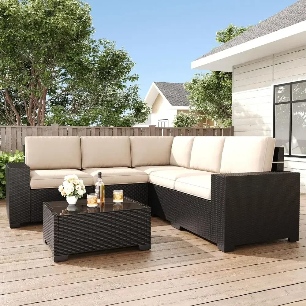 6-Piece Outdoor Patio Sectional Sofa Set in Black Rattan Style