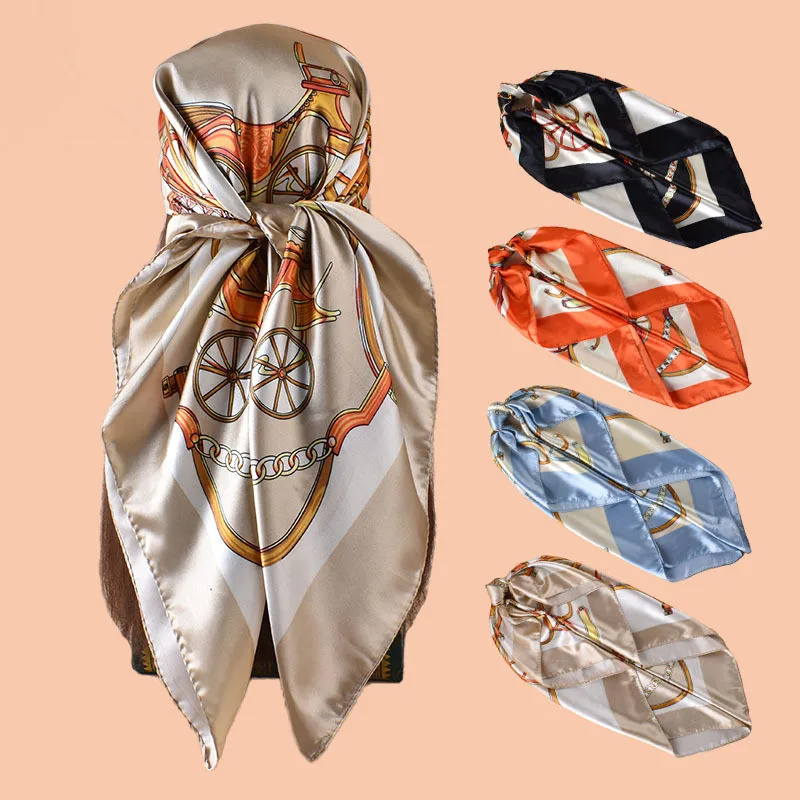 

90*90cm Luxury Square Silk Scarf For Women Fashion Neck Shawl Warps Elegant Neckerchief Bandanas Hijab Soft Stain Ladies Scarves