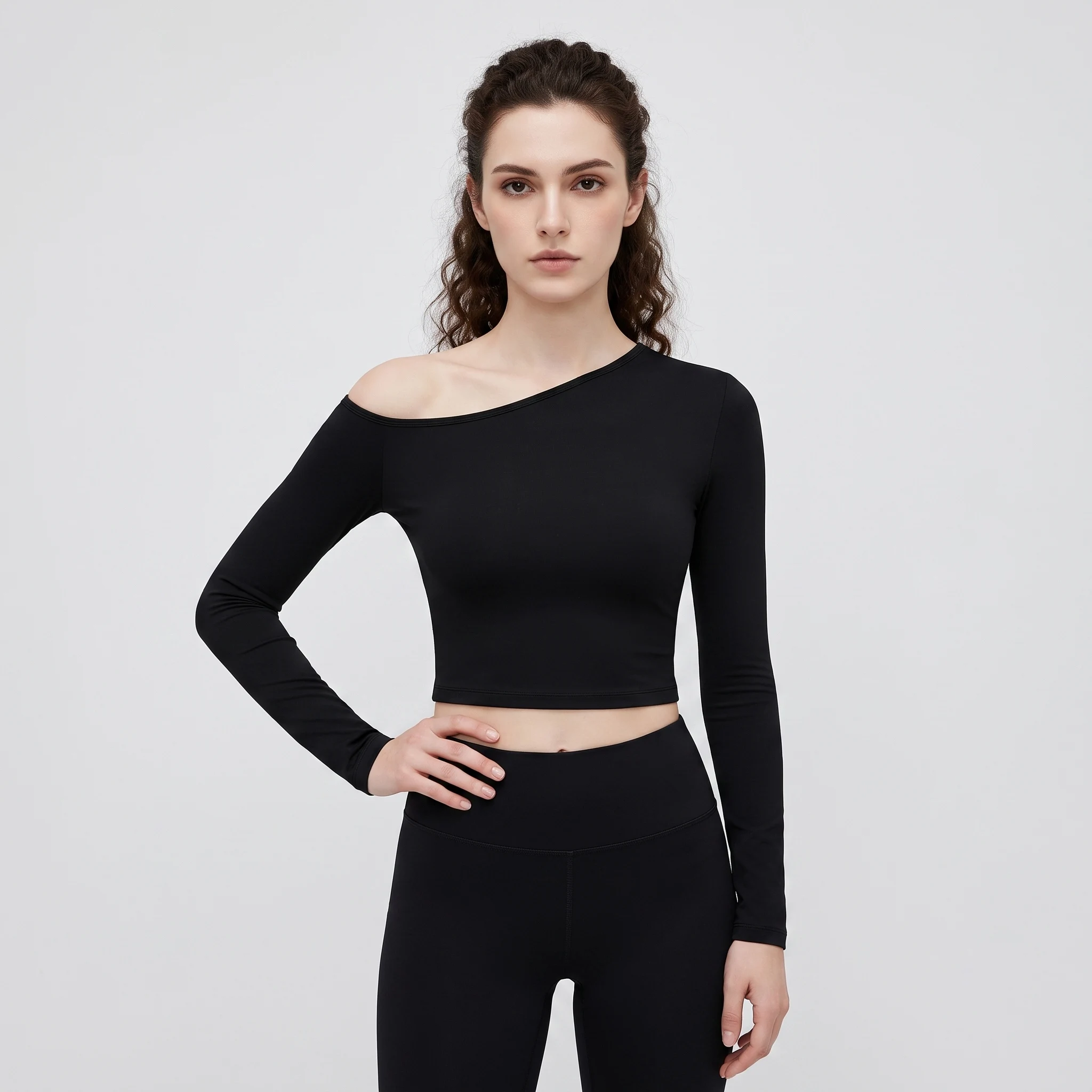 Slim Cropped Long Sleeve Workout Top Women Irregular One Shoulder Sports Tee Gym Pilates Casual Daily Stretch Athletic Shirt