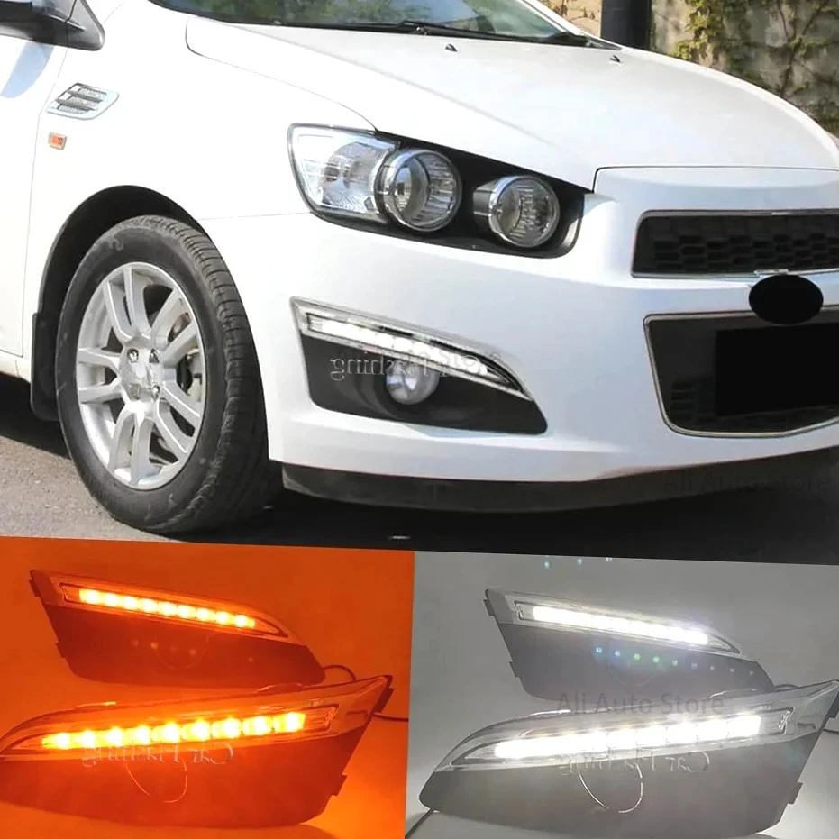 

Car LED For Chevrolet Chevy AVEO Sonic 2011 2012 2013 DRL Daytime Running Lights Daylight With Turn Signal fog lamp cover