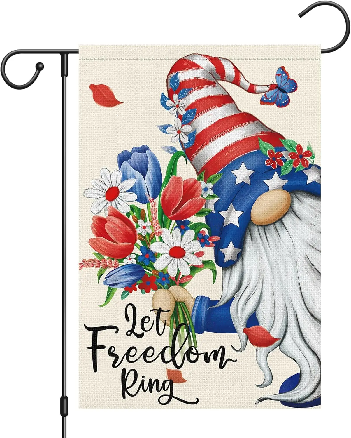 Let Freedom Ring Garden Flag 12x18 Inch Double Sided Burlap, 4th of July Gnome Garden Flags Patriotic Memorial Day Flower Yard F