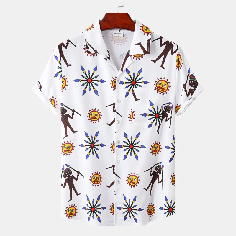 

Mens White African Ethnic Print Beach Shirts Summer Casual Short Sleeve Hawaiian Shirt Men Party Holiday Vacation Clothing XXXL