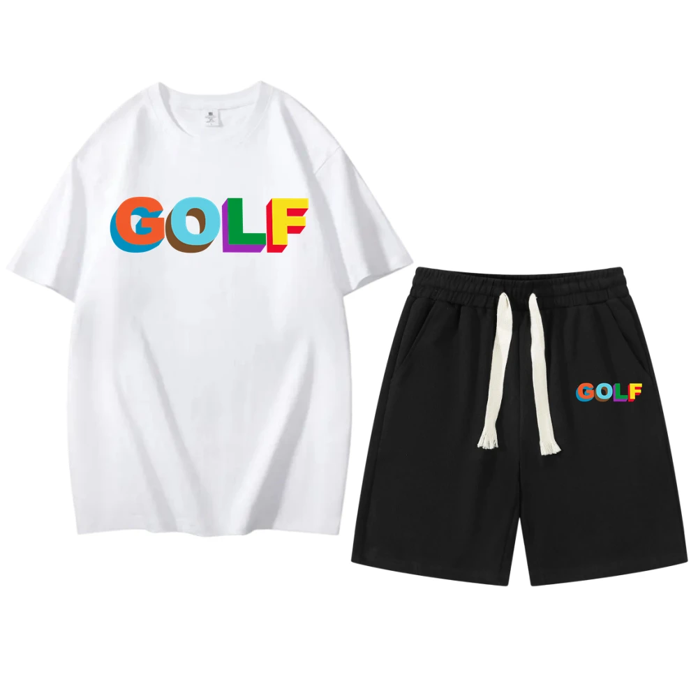 Fashion Men's Summer Cotton T-Shirt and Shorts Set Colorful Letter Print GOLF Outfit Soft Breathable Casual Two Piece Clothing