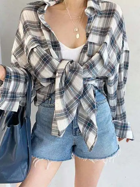 

Women's Retro V-ne Colorblo Plaid Loose Sunscreen Long irt Cleanfit Sle Poly Fabric Thin Long Sve irt