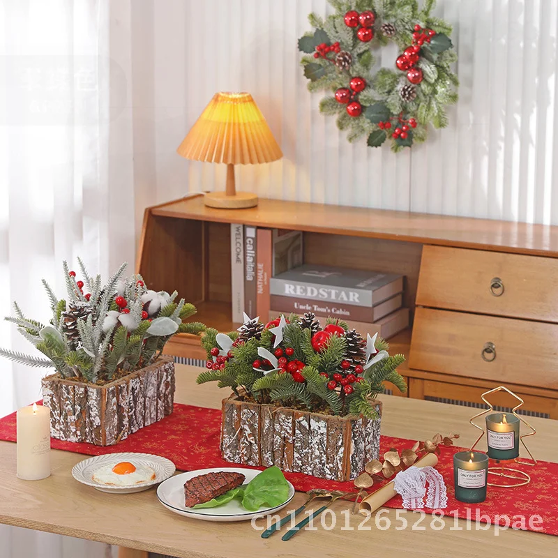 

Creative Small Christmas Tree Bonsai 30cm Festive Decorations Desktop Rectangular Bark Cotton Flower StyleChristmas Festival