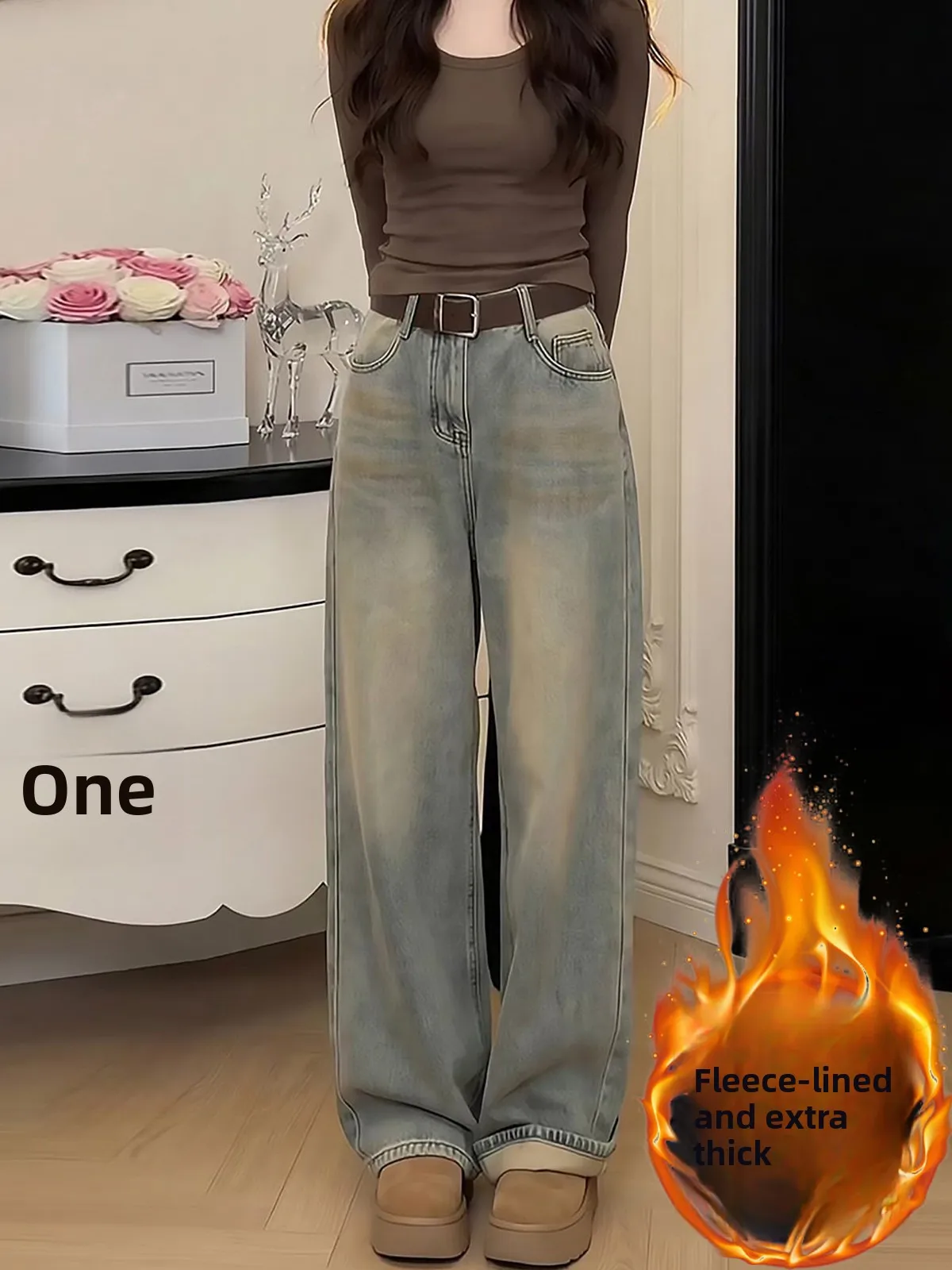 

Retro Blue Faded Wide Leg Denim Jeans Women's Loose Fitting High Waist Spring New Sle Fce Lined Straight Leg Pants