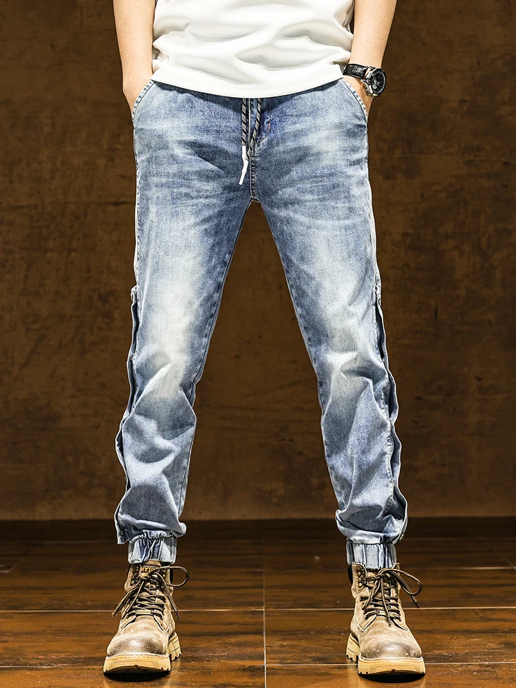 

Осенние мужские эластичные джинсовые джинсы в стиле пэчворк, облегающие молодежные модные светло-голубые хлопковые эластичные джинсы со средней талией, застежка-молния