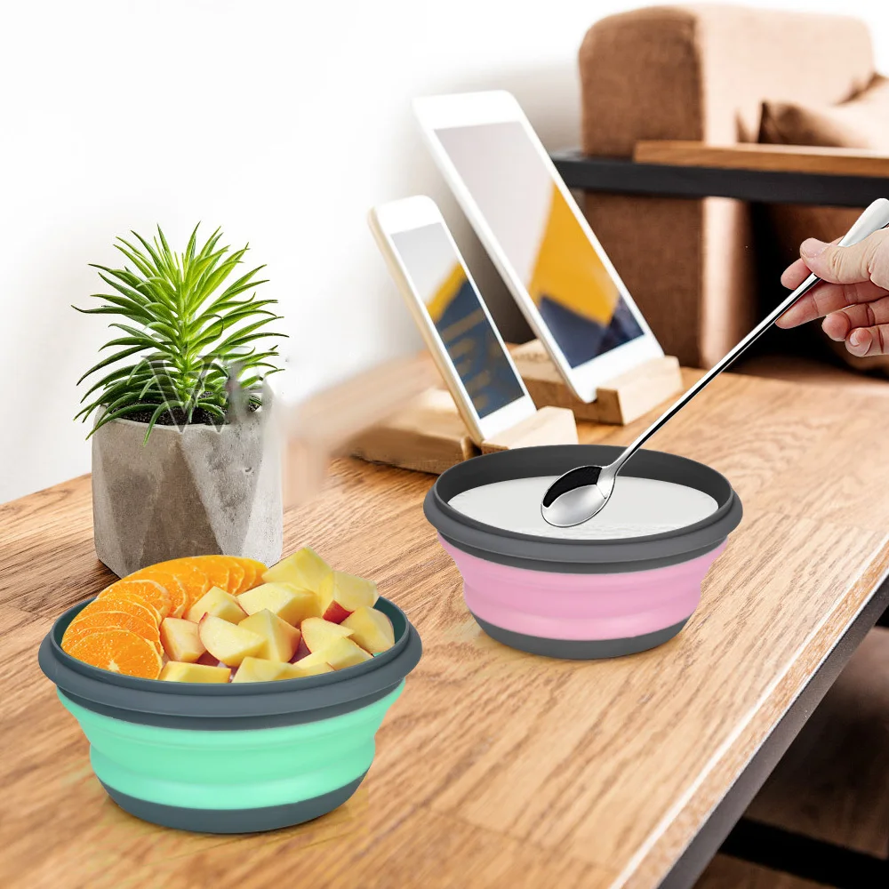 Boîte à lunch pliante en silicone avec couvercle, ensemble de bols de camping portables pour pique-nique, kit de cuisine, bols à salade de fruits pliables, 3 pièces/ensemble