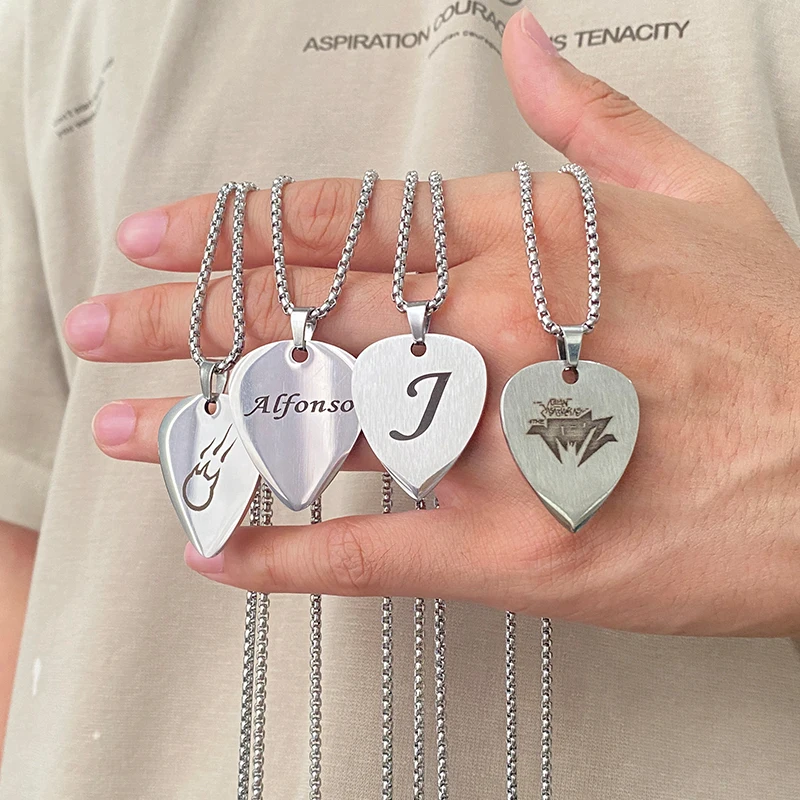 WLP Fashion Guitar Pick Personalized Pendant Stainless Steel Necklace for Men Women Custom Text Pattern Collar Necklace Jewelry view 2